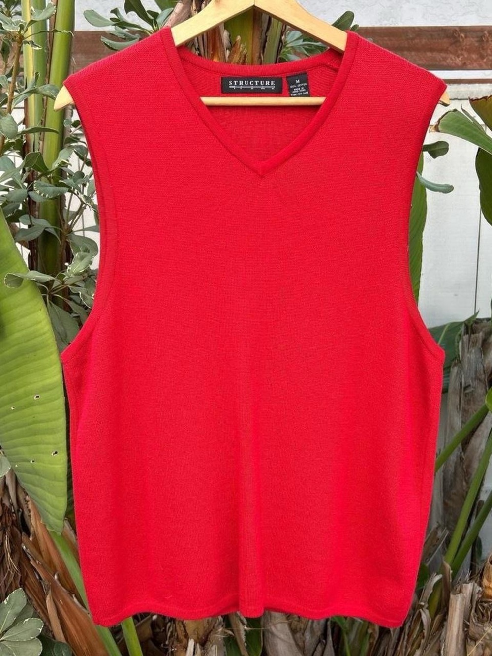 Vintage 1990s Structure Red Cotton Sweater Vest Medium V Neck Preppy